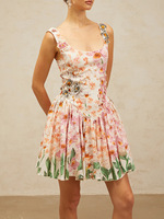 Robe Courte Tissée Style Girly Mignonne Été 2026 Imprimé Floral Robe Bretelles Fines Volants Taille Naturelle Cintrée Ourlet Évasé