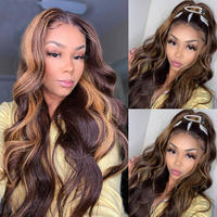 Perruques Cheveux Humains Mèches, Perruques Cheveux Humains Mèches avec Baby Hair, Perruque Frontale en Dentelle Sans Colle pour Femmes Noires