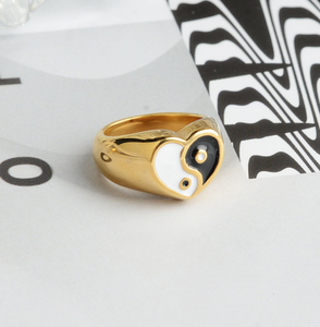 Trendy Yin Yang <strong>Signet</strong> Striped <strong>Signet</strong> <strong>Ring</strong> 18k <strong>Gold</strong> Plated Stainless Steel Chunky Statement Enamel <strong>Ring</strong> for <strong>Ladies</strong> - Product Image 6