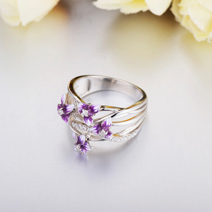Anello da Donna F249 in Argento Sterling 925 con Diamanti e Fiori in Smalto Viola, Gioiello per Uso Quotidiano - Product Image 3