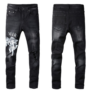 Jeans Bordados <span class=keywords><strong>AM</strong></span> Estilo Urbano para Hombre, Jeans de Mezclilla Elásticos Rotos de Corte Ajustado para Hombre, Vaqueros Casuales Desgastados Estilo Urbano - Product Image 3