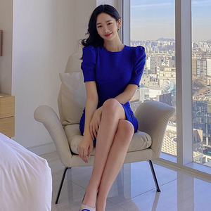 Droma 2026 Nuova Collezione: Elegante Abito da <span class=keywords><strong>Donna</strong></span> <span class=keywords><strong>Blu</strong></span> Scuro con Collo Tondo, Maniche Corte e Lacci, per Ufficio - Product Image 3