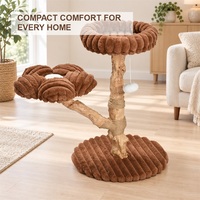 Arbre à chat compact en bois de café, griffoir en bois naturel, plateforme en peluche en forme de fleur