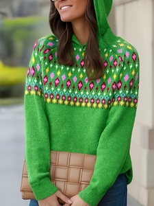 Suéter con Capucha Elegante y Bonito para Mujer, Invierno |   Suaves Mangas Abullonadas Vintage con Bordado Floral en Bloques de Color Degradado - Product Image 4