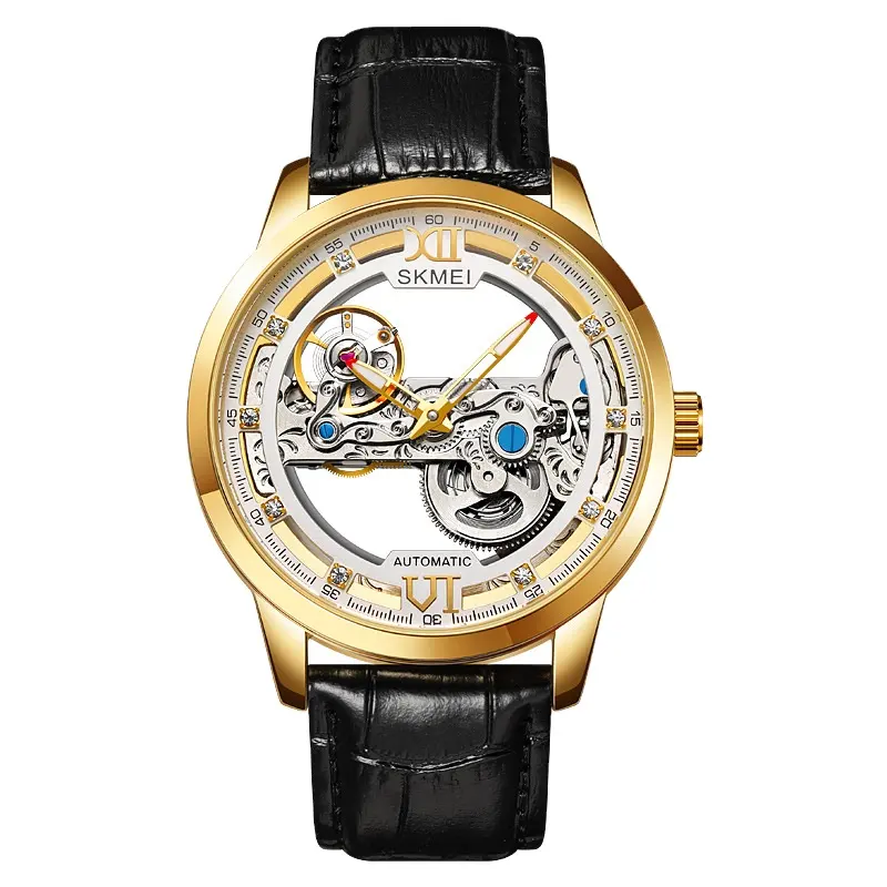 Trendy Skmei M031 double-sided transparent bottom hollowed out leather diamond inlay skeleton mechanical watch man business