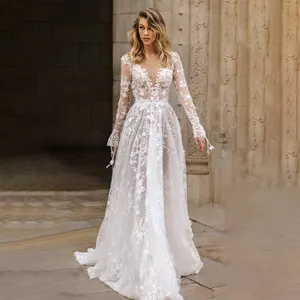 2022 OEM White Lace Sexy Dress Women V-neck Backless Long Evening Elegant Dresses Long Sleeve Flowers Sexy Party Dress