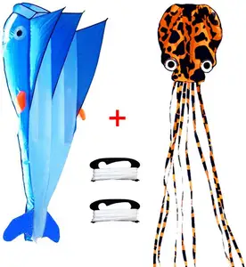 Lamonty 2 חבילה עפיפונים גדול כחול דולפין עפיפון וכתום תמנון לילדים ומבוגרים עם ארוך צבעוני זנב