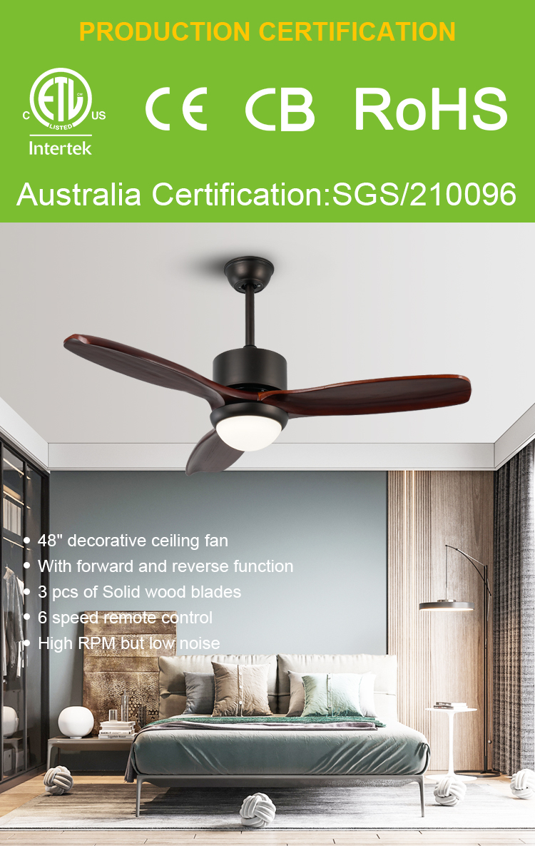 Electric ceiling fan with  ceiling fan 48 solid wood blades led wooden blade
