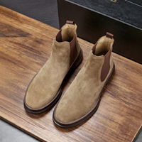 VOGU Sepatu Bot Pria untuk Musim Gugur/Dingin, Model Slip-On dari Kulit Suede Sapi, Sepatu Bot Pendek dengan Ujung Bulat untuk Remaja, Klasik Retro Anti-Selip.