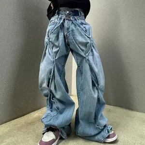 DIZNEW Brand Designer Jeans Streetwear Baggy Stacked Flared Denim Pants Blue Blank High Waisted Pleated Jean Pants Custom Logo