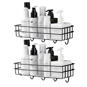 <b>Wall</b> Mounted Metal Storage Rack Double Tier <b>Waterproof</b> Bathroom Organizer Minimalist Style Black Finish - Product Image 1