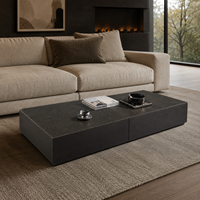 Table basse moderne avec tiroir de rangement, design carré en marbre naturel gris bulgare, base en bois, finition polie haute brillance pour salon
