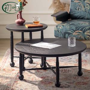 Mesa de Centro Redonda de Madera Maciza Estilo Vintage, Madera de Caucho Negra, Mesa Auxiliar Pequeña para Sala de Estar, Diseño Combinado - Product Image 3