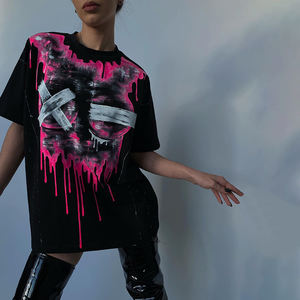 Tie Dye Graffiti Print Women Short Sleeve Graphic T Shirts Y2K Vintage Loose T Shirt Korean Clothes Aesthetic Emo Tops