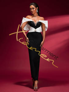 MF Boutique Robe de soirée élégante pour femme, vintage, respirante, à épaules dénudées, blanche, avec strass noirs, en laine droite imprimée naturelle - Product Image 3