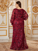 Robes de soirée de fête pour femmes grandes tailles, imprimé aléatoire, couleur bordeaux, col en V, manches longues lanternes, broderie de paillettes, taille cintrée, ourlet sirène