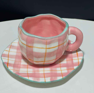 Tasses à café en céramique faites à la main, motif nuage bleu, avec soucoupe irrégulière, ensemble de tasses à thé de l'après-midi, 300 ml, mug pour couple, cadeau - Product Image 2