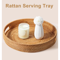 Plateau de service en rotin rond tissé à la main Plateau en osier ottoman décoratif avec poignées pour table basse, petit déjeuner