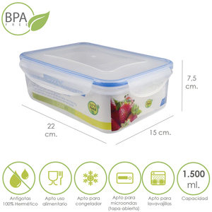 Contenitore rettangolare in plastica ermetico da 1.500 ml. 22x15x7,5 (Altezza) cm. - Product Image 1