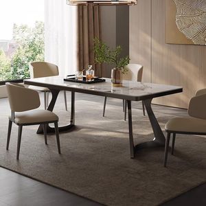 Table à manger de luxe en pierre frittée, ensemble de salle à manger rectangulaire moderne et minimaliste en acier inoxydable, 6 pièces pour petites maisons - Product Image 3