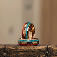 POYA Jewelry Bague en tungstène tendance de 8mm en or rose avec incrustation d'opale bleue et rouge et feuille d'or pour cadeau de fiançailles de mariage ou fête