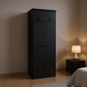 Armadio Falkland Nero con 2 Cassetti e Ante a Battente, Mobile per Camera da Letto, Design Moderno in MDF, Autoportante - Product Image 2