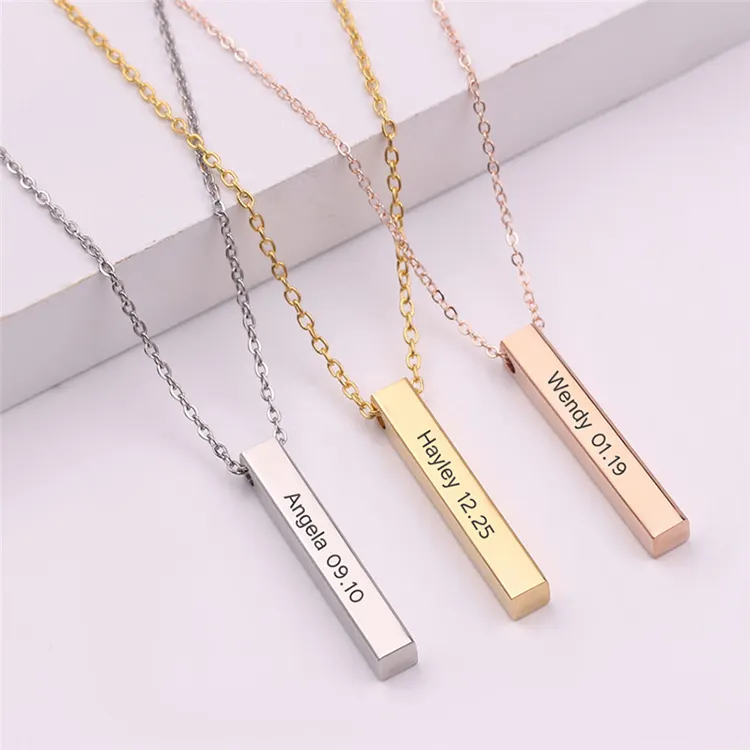 Men Women Fashion Jewelry Necklace personalized square strip pendant necklace custom engraved name bar stainless steel necklace