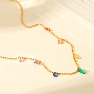 Luxury Titanium Steel <strong>Jewelry</strong> 18K Gold-Plated Stainless Steel Ball Bead Chain Colorful Geometric Shaped <strong>Gem</strong> Pendant Necklace - Product Image 5
