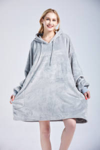 Silver Grey Flannel Fleece Drawstring Side Two Pockets Super Soft <strong>Long</strong> Pullover Blanket Oversized <strong>Snuggle</strong> <strong>Hoodie</strong> - Product Image 2