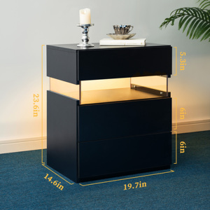 LED Nightstand 3 Drawer Dresser With Acrylic Board <b>Bedside</b> <b>Table</b> Black Bedroom Storage Drawer Unit - Product Image 3