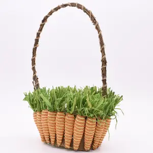 BSCI Suppliers Handmade Home Indoor Natural Straw Easter Bunny Decor Easter Basket Decoration With Carrot