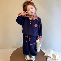 Ensemble 2 pièces en coton pour petites filles, sweat-shirt à col à carreaux effet deux pièces et pantalon brodé, tenue preppy pour enfants, vente en gros