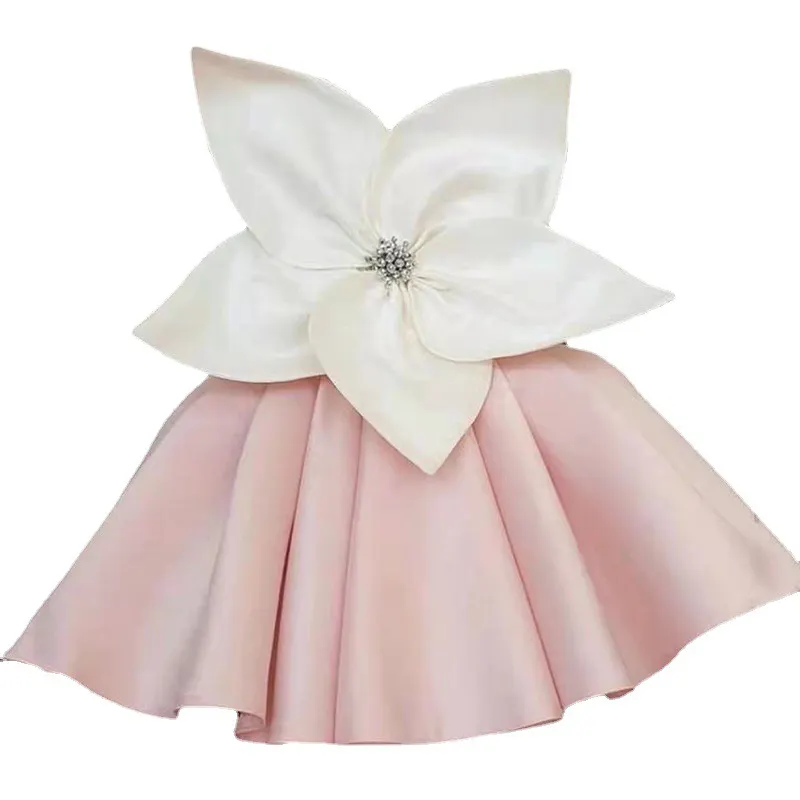 Latest Summer Pink Satin Kids Birthday Party Frock V-neck Sleeveless Baby Dress Flower Designs Girl Garments