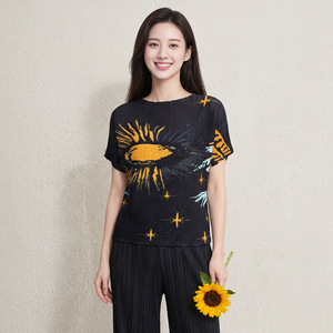 PY Casual Sky Print Pleated Top Women Fashion T-shirt Elegant Stand Collar Short Sleeve Loose Breathable Blouse Bulk Clothing - Product Image 1