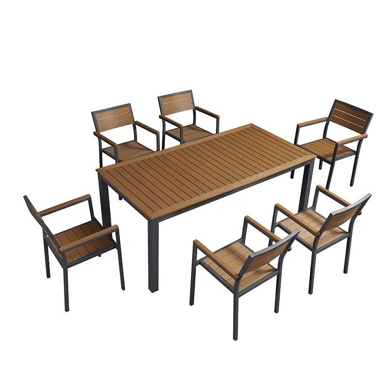 현대 야외 발코니 테이블 의자 세트 6 인승 고급 정원 가구 플라스틱 나무 알루미늄 고리 버들 식탁 세트