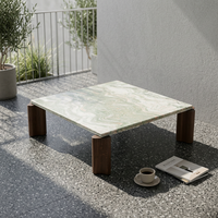 Table basse carrée en marbre naturel vert avec pieds en bois de frêne, 115 cm, style Sabi Wabi japonais, tables basses de luxe en pierre