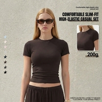 Ensemble décontracté sportif pour femmes, 2 pièces, couleur unie, haute élasticité, coupe droite, épaules dégagées, coupe ajustée, style européen et américain