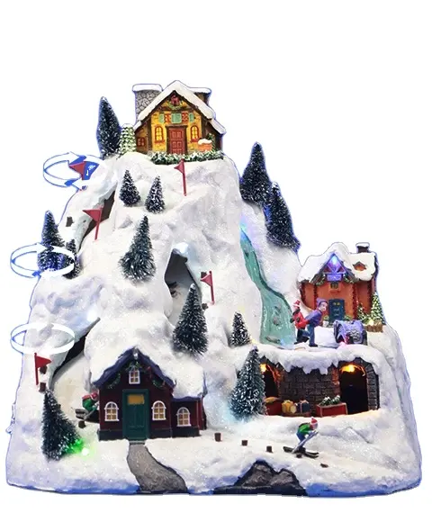 Artificial Resin Ski Christmas Village with LED Item Decoration Santa Kids And Rolling Water Mill Arbol de Navidad Papa Noel