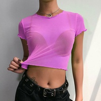T-shirt d'été en maille pour femme, Top court transparent couleur néon