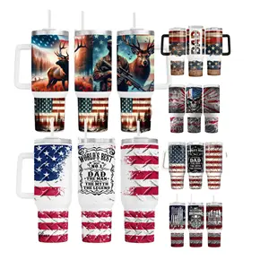 Hadiah Pria Hari Ayah kustom bendera Amerika Hari Kemerdekaan dunia terbaik ayah baja vakum 40oz Tumbler dengan pegangan