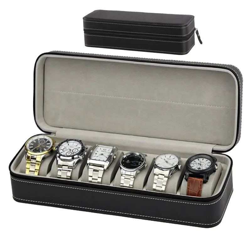 Caixa de relógio portátil com logotipo personalizado, feita de couro com zíper, 6 espaços