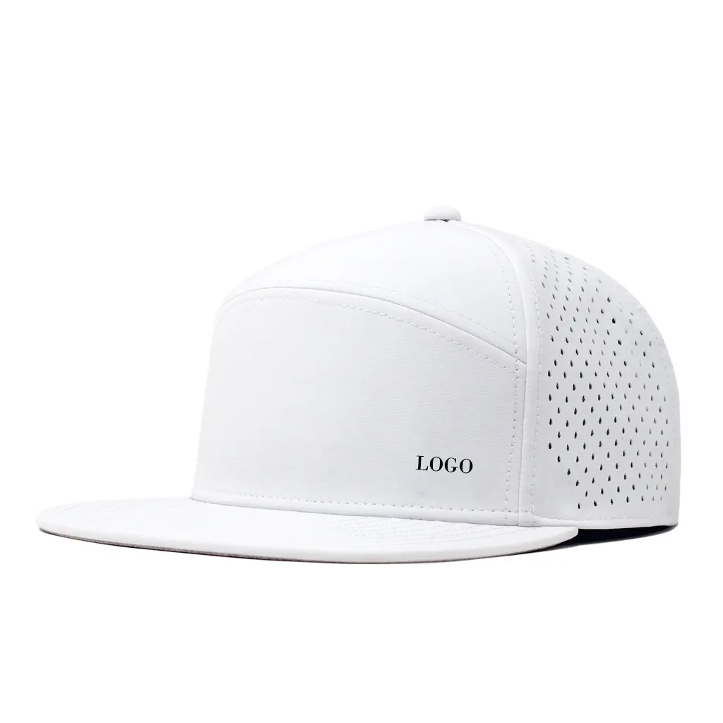 Logo PVC personnalisé hommes blanc 6 panneaux bord plat Yupoong Snapback chapeau, Polyester perforé Golf étanche sport Snap Back Cap