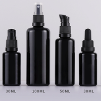 Flacons cosmétiques en verre noir brillant avec bouchon à vis, disponibles en tailles 10 ml, 15 ml, 20 ml, 30 ml, 50 ml, 100 ml