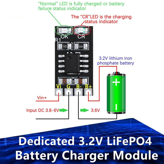 Dedicated LiFePO4 Battery Charger Module, 3.6V 1A CV/ CC, Overvoltage Protection, Automatic Recharge, Low-Power Sleep Mod, 3.2V