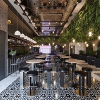 Plan de design d'intérieur pour lounge industriel style Speakeasy, comptoir de bar rustique pour pub et restaurant, ensemble table et chaises de bar confortables et comptoir de bar
