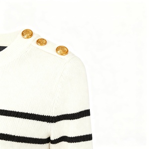 Women's Casual Knitted <strong>Dress</strong> with Shoulder Decorative Buttons Breathable Color-Block Horizontal Stripes - Product Image 6