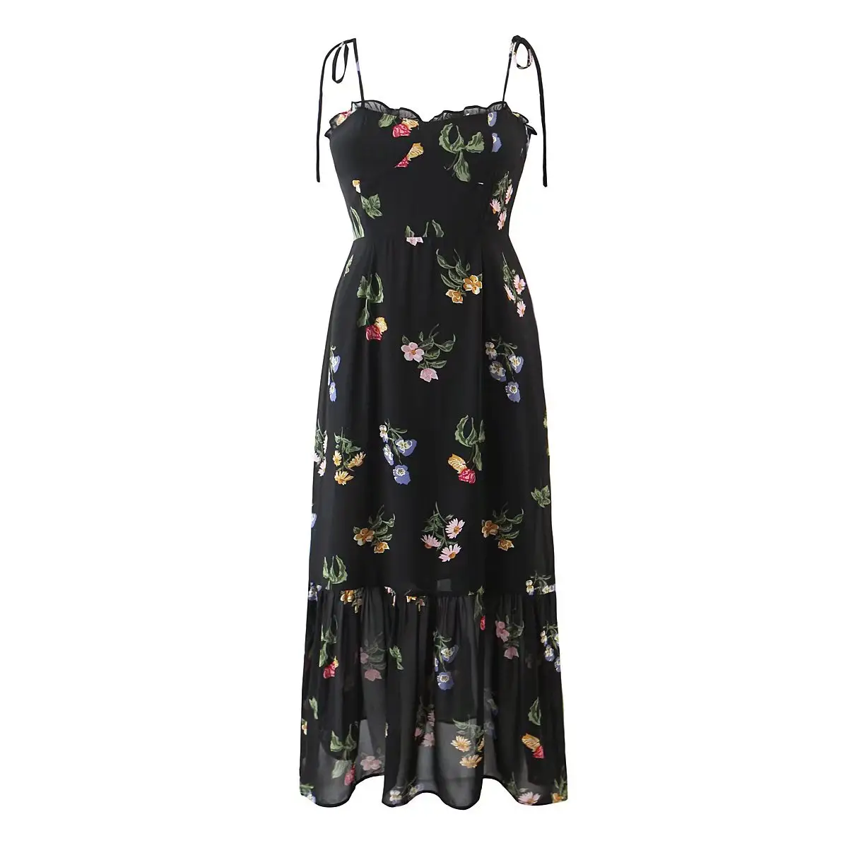 Belle robe noire à imprimé floral sans manches, épaules à lacets, mode décontractée pour femmes