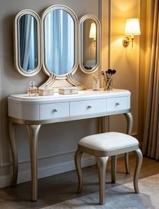 Classic Curved Leg Dressing <b>Table</b> Set, White Wood Makeup Vanity with Triple Fold <b>Mirror</b> & Upholstered Stool for Bedroom Vanity T - Product Image 4