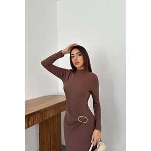 เดรสสีน้ำตาลทรงเข้ารูป คอรูวงกุญแจ เอวธรรมชาติ ผ้าทอเนื้อนุ่ม สวมใส่สบาย เหมาะสำหรับทำงาน - Product Image 3