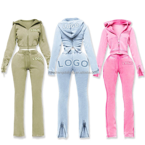 Chất lượng cao Sweatpants và Crop Top Zip Up hoodie Set phụ nữ tùy chỉnh thiết kế quần áo hai mảnh Bộ đồ thể thao thiết lập với dây kéo - Product Image 2